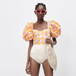 NWT Zara Puff Sleeve Cotton Poplin Smocked Bodysuit